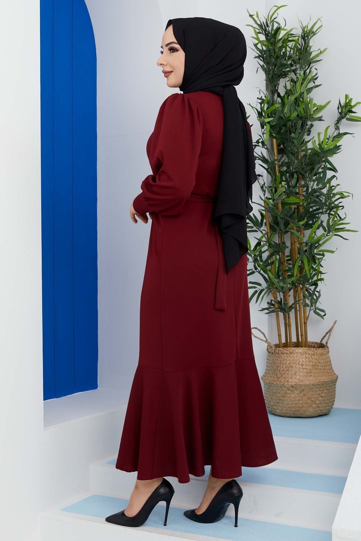 Düğmeli Elbise - Bordo