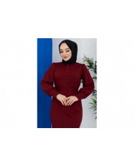Düğmeli Elbise - Bordo