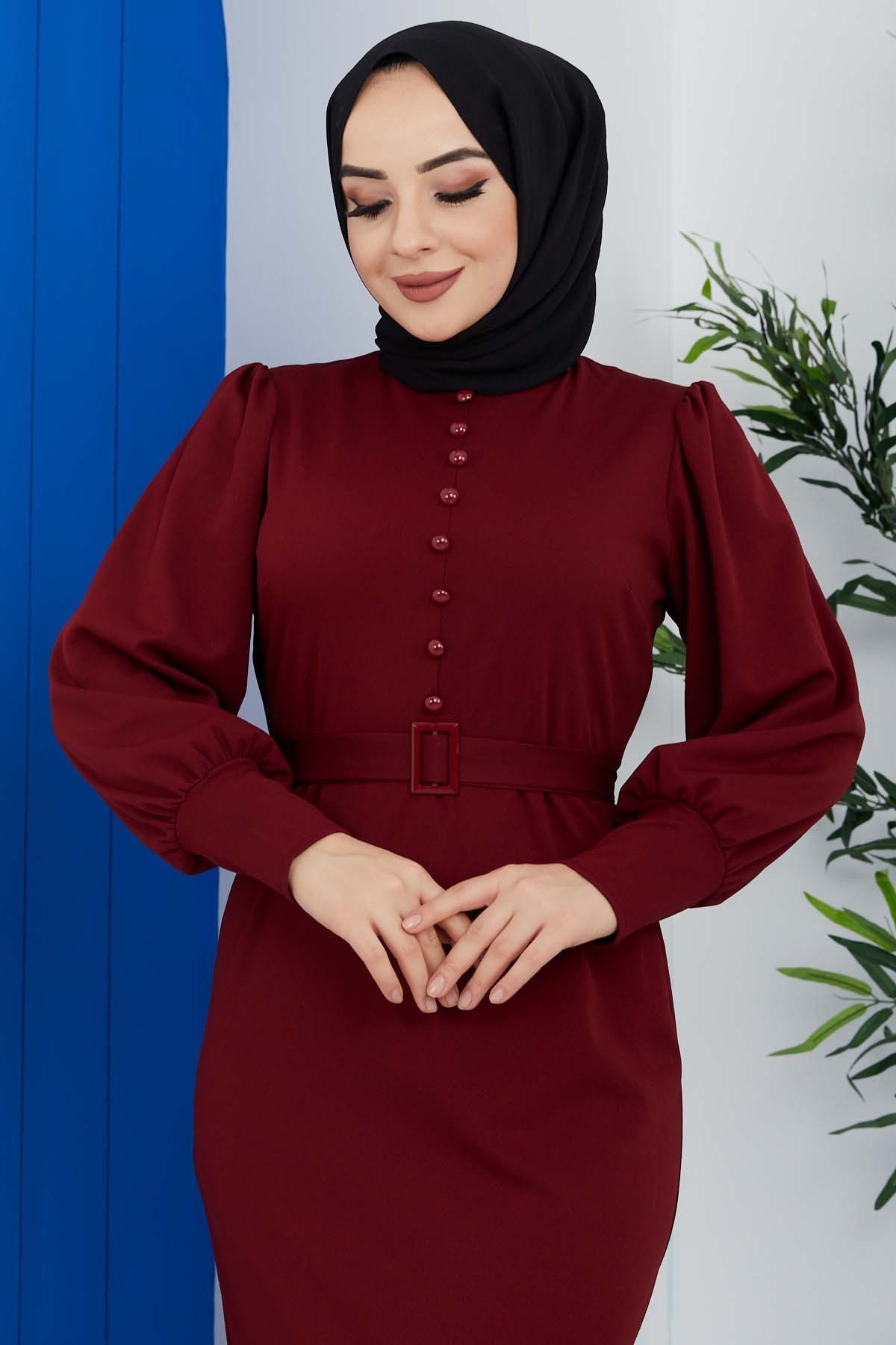 Düğmeli Elbise - Bordo