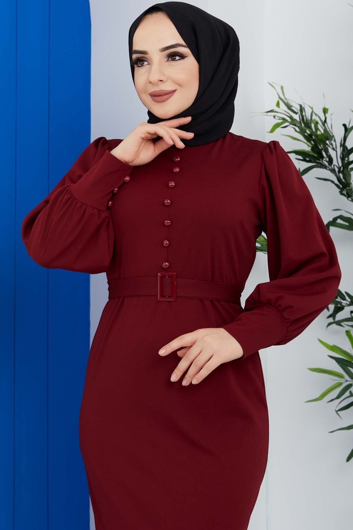 Düğmeli Elbise - Bordo