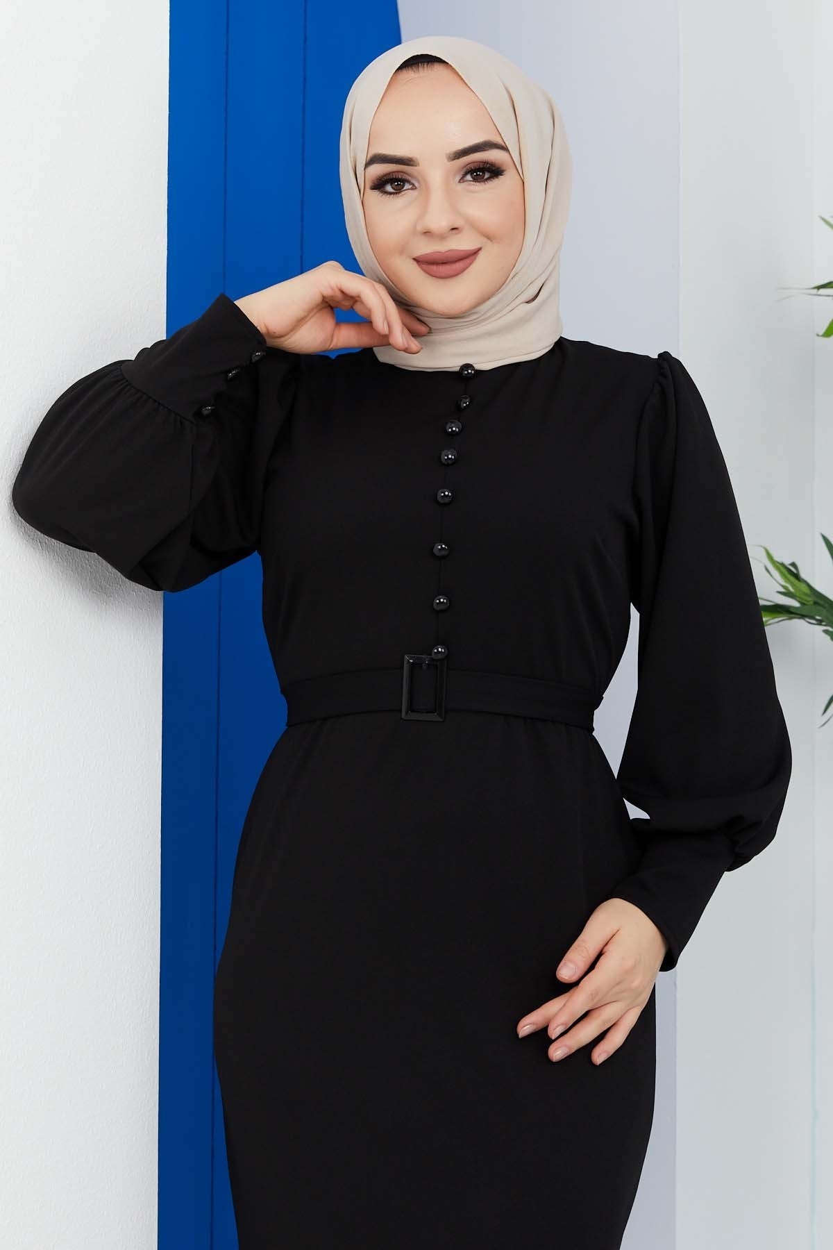 Düğmeli Elbise - Siyah