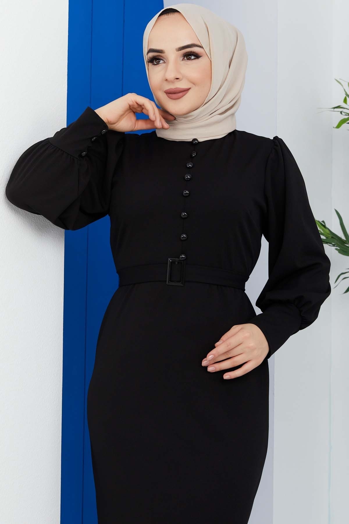 Düğmeli Elbise - Siyah