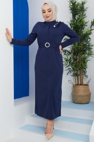 Omuz Düğmeli Kemerli Elbise - İndigo
