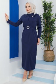 Omuz Düğmeli Kemerli Elbise - İndigo