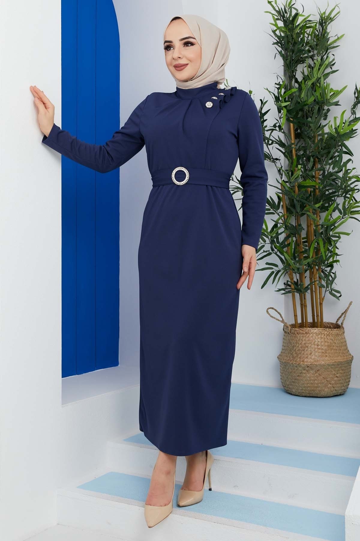 Omuz Düğmeli Kemerli Elbise - İndigo
