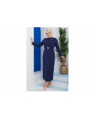 Omuz Düğmeli Kemerli Elbise - İndigo