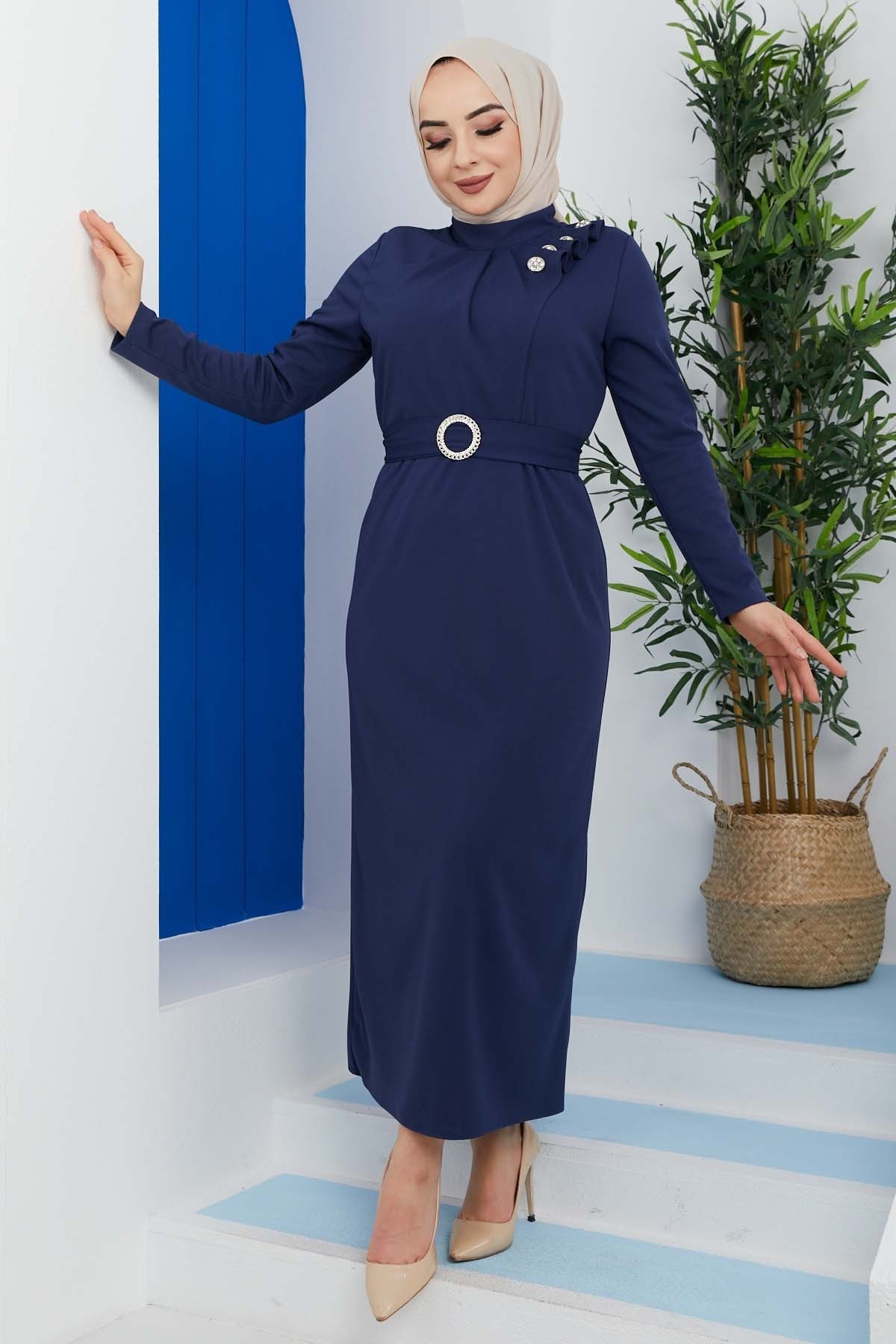 Omuz Düğmeli Kemerli Elbise - İndigo