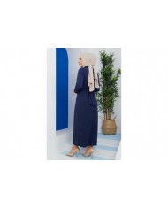 Omuz Düğmeli Kemerli Elbise - İndigo
