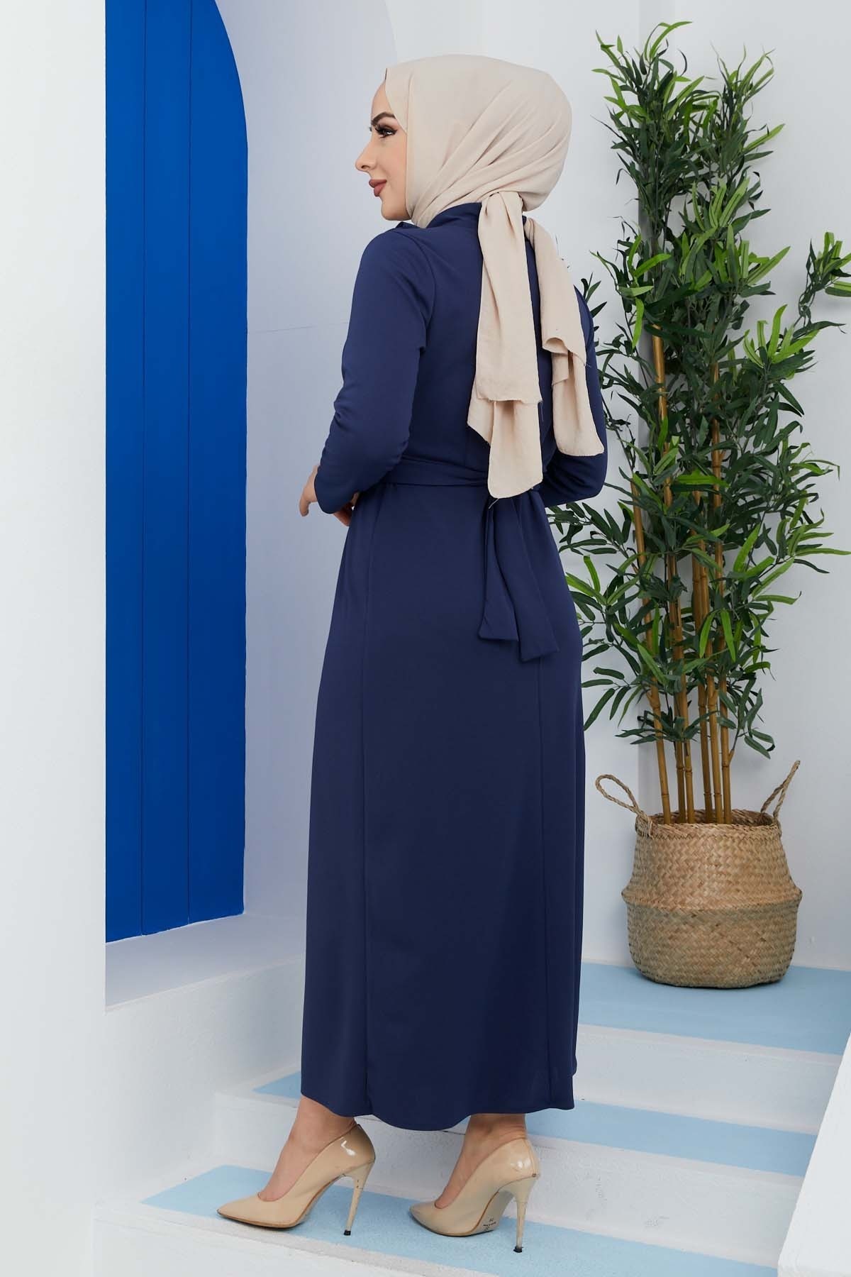Omuz Düğmeli Kemerli Elbise - İndigo