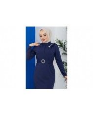 Omuz Düğmeli Kemerli Elbise - İndigo