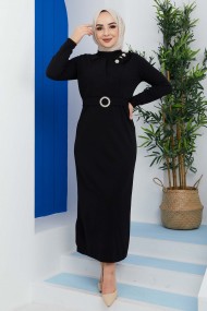 Omuz Düğmeli Kemerli Elbise - Siyah
