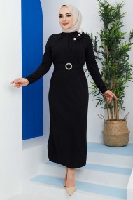 Omuz Düğmeli Kemerli Elbise - Siyah
