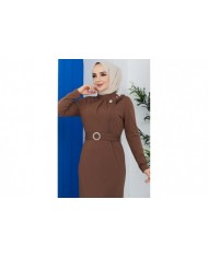 Omuz Düğmeli Kemerli Elbise - Kahve