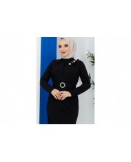 Omuz Düğmeli Kemerli Elbise - Siyah