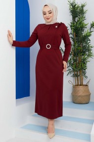 Omuz Düğmeli Kemerli Elbise - Bordo
