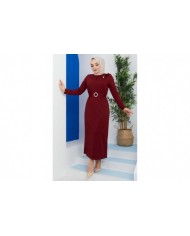 Omuz Düğmeli Kemerli Elbise - Bordo