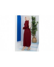 Omuz Düğmeli Kemerli Elbise - Bordo