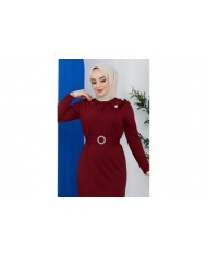 Omuz Düğmeli Kemerli Elbise - Bordo