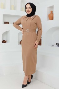 Omuz Düğmeli Kemerli Elbise - Bej