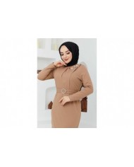 Omuz Düğmeli Kemerli Elbise - Bej