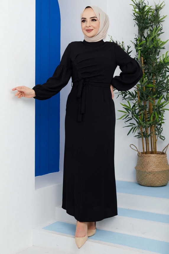 Pileli Krep Elbise - Siyah