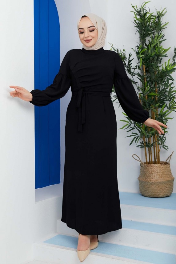 Pileli Krep Elbise - Siyah