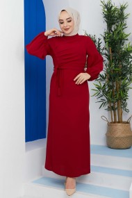 Pileli Krep Elbise - Bordo