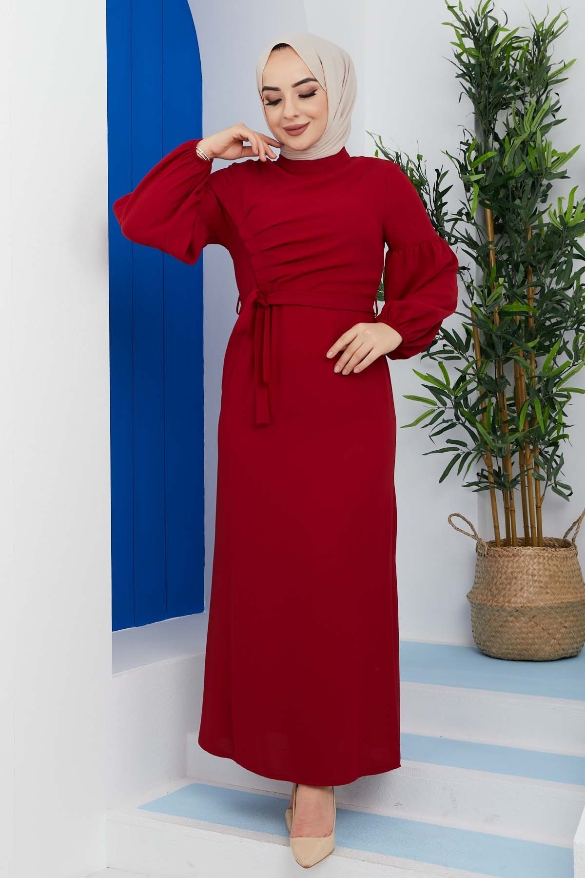 Pileli Krep Elbise - Bordo