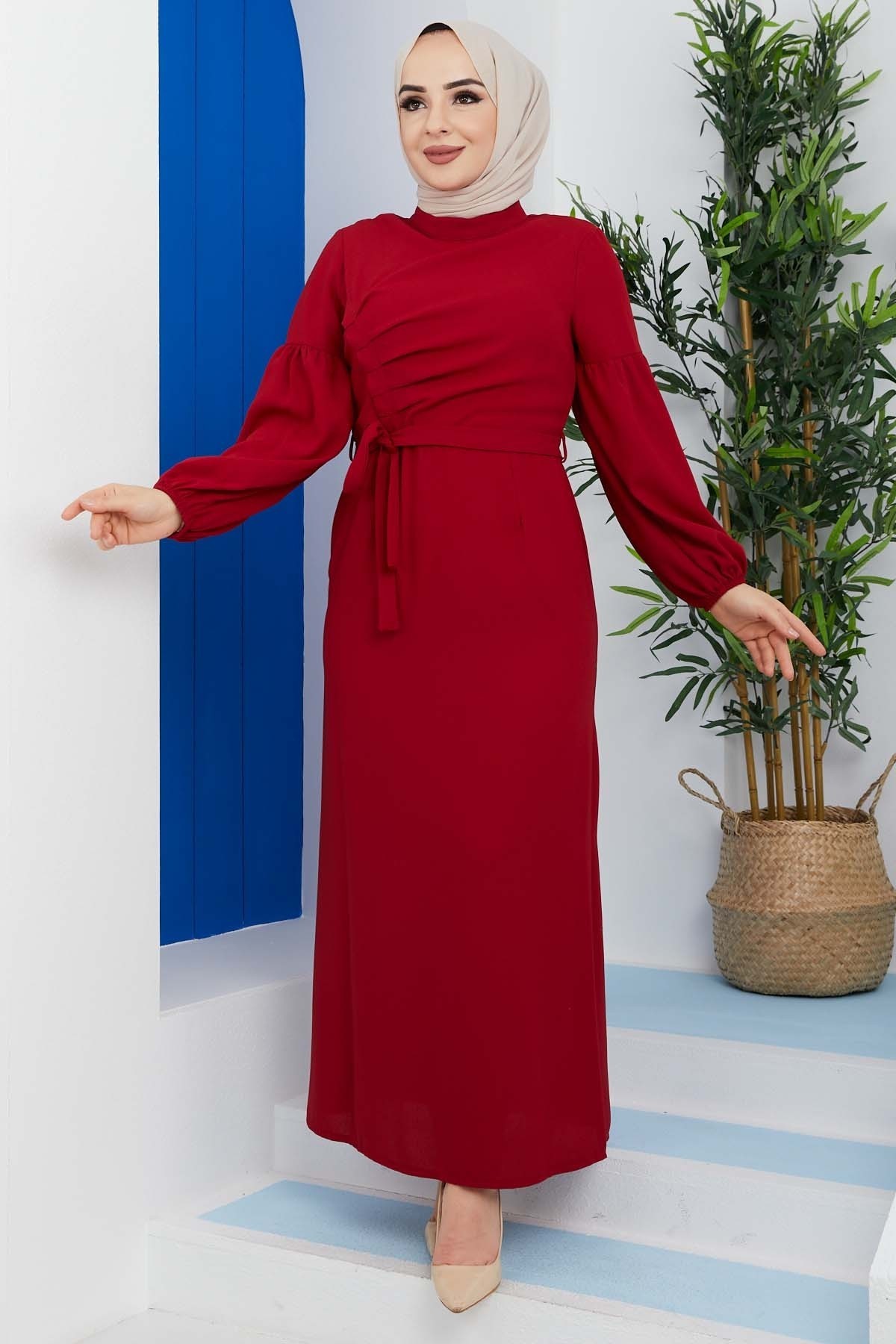 Pileli Krep Elbise - Bordo