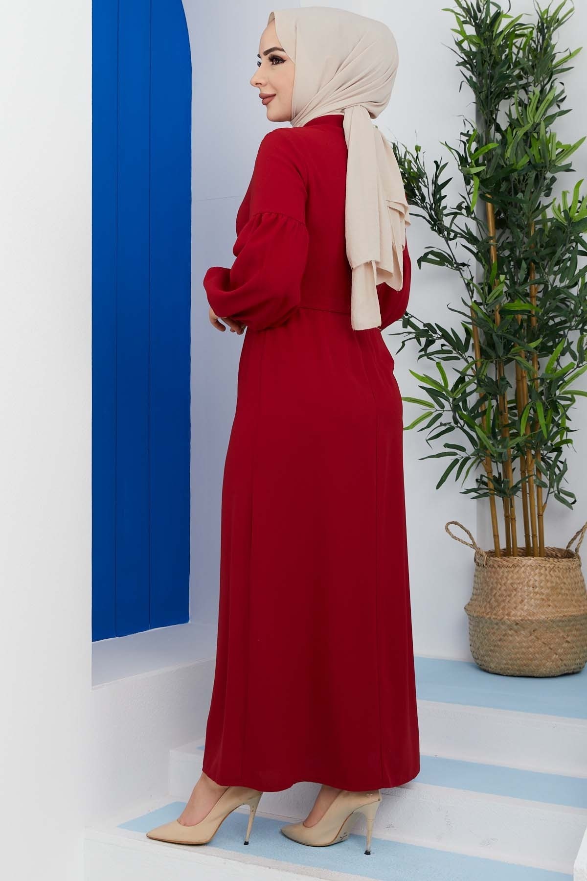 Pileli Krep Elbise - Bordo