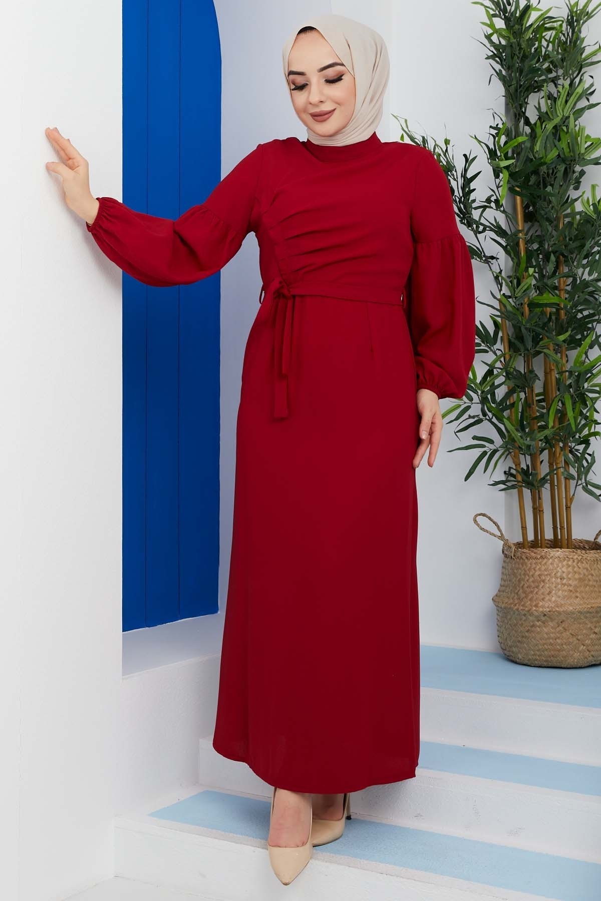 Pileli Krep Elbise - Bordo