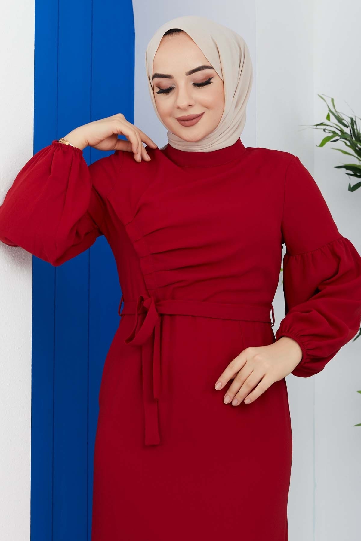 Pileli Krep Elbise - Bordo