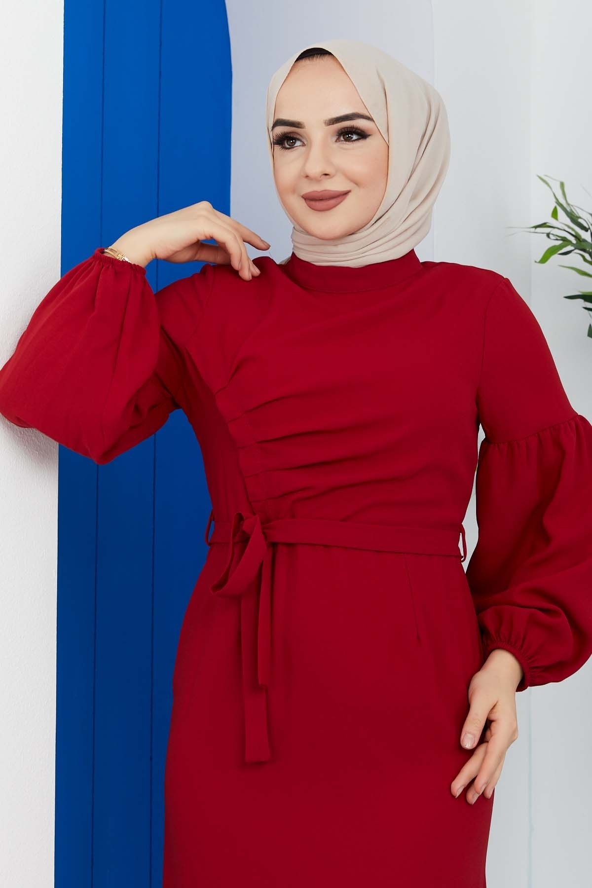 Pileli Krep Elbise - Bordo