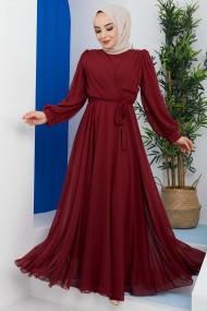 Önü Parçalı Şifon Abiye - Bordo