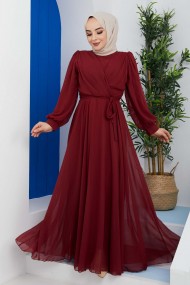Önü Parçalı Şifon Abiye - Bordo