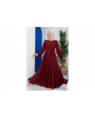 Önü Parçalı Şifon Abiye - Bordo