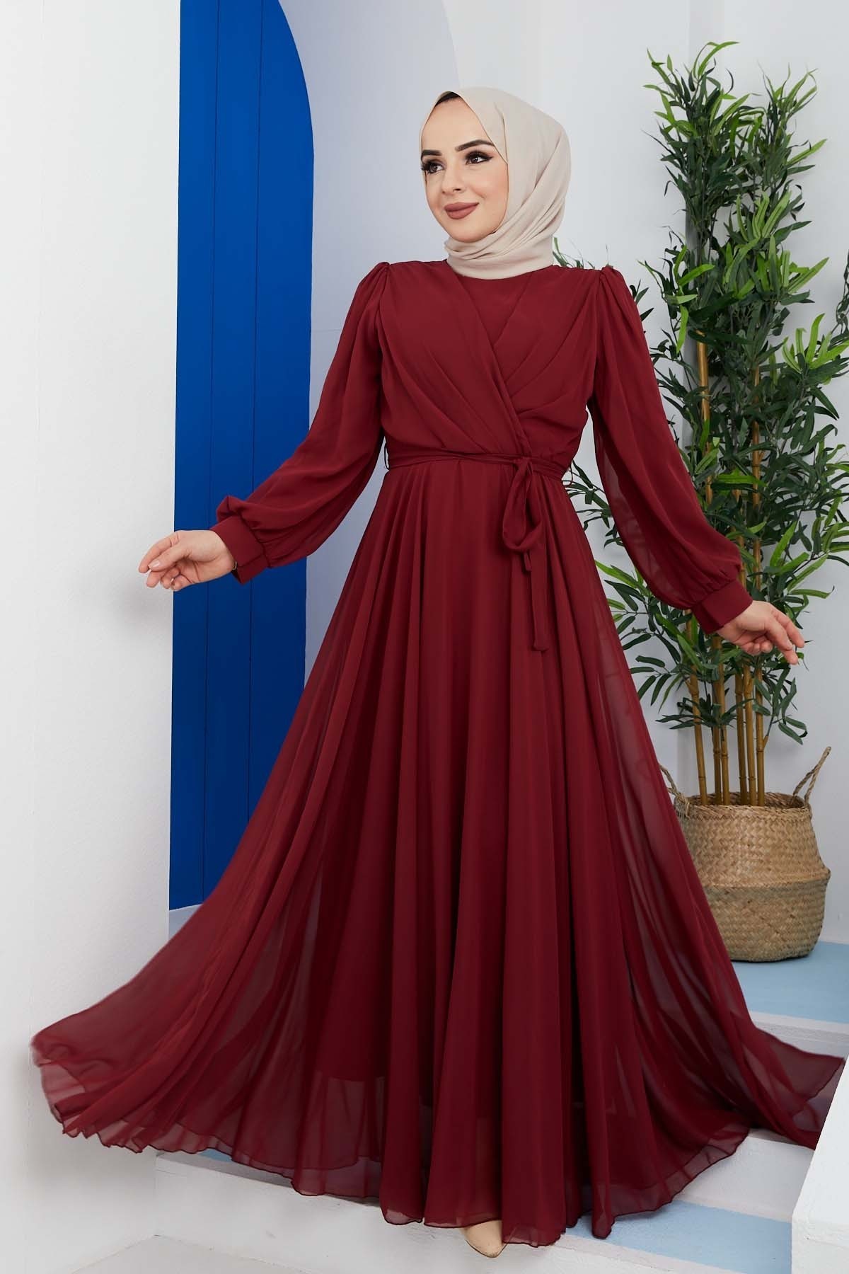 Önü Parçalı Şifon Abiye - Bordo