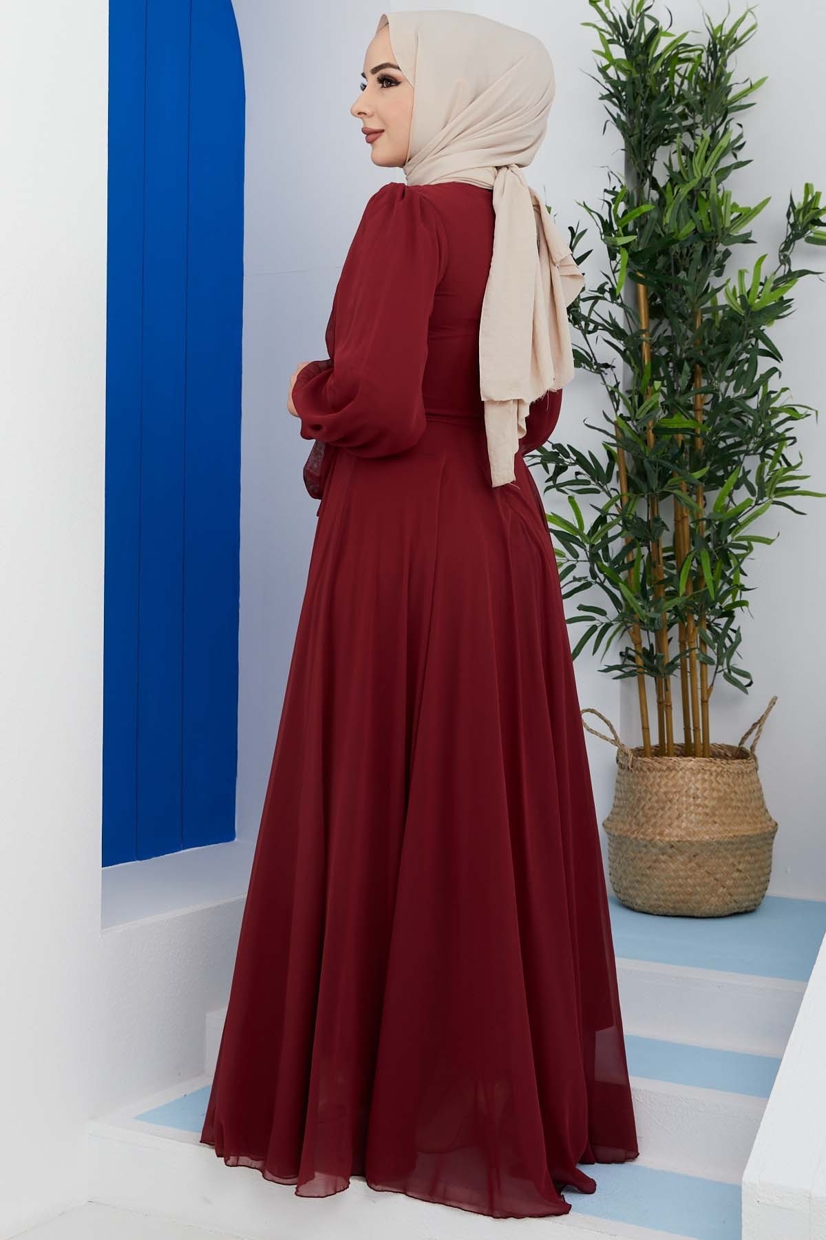 Önü Parçalı Şifon Abiye - Bordo
