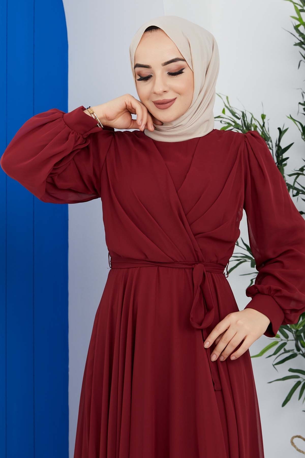 Önü Parçalı Şifon Abiye - Bordo