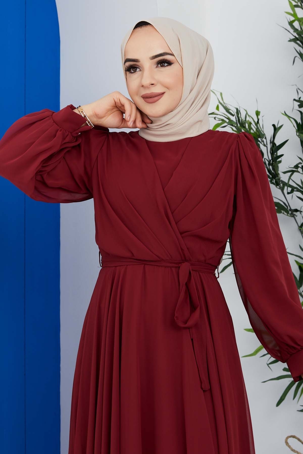 Önü Parçalı Şifon Abiye - Bordo