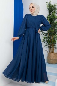 Önü Parçalı Şifon Abiye - İndigo