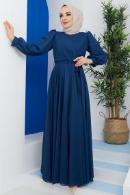 Önü Parçalı Şifon Abiye - İndigo