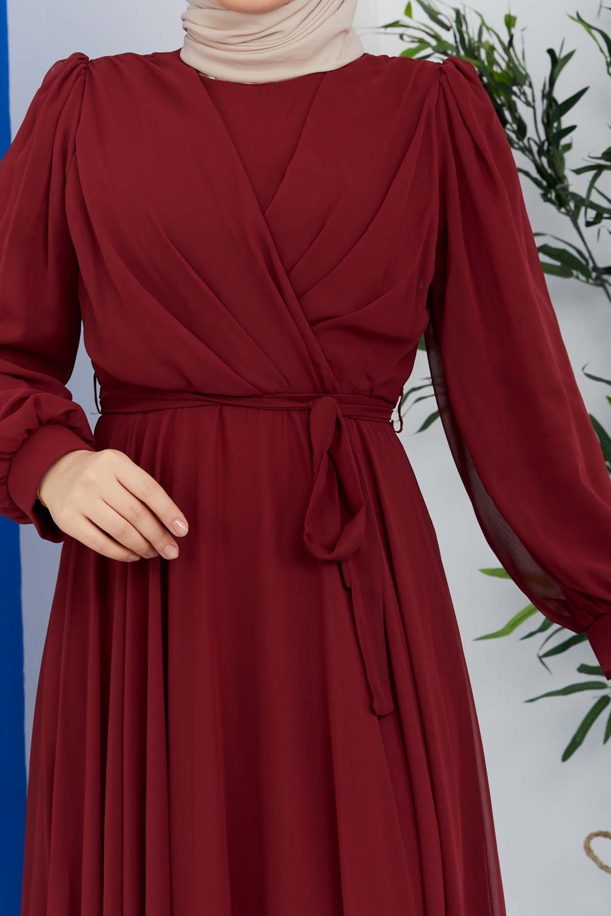 Önü Parçalı Şifon Abiye - Bordo
