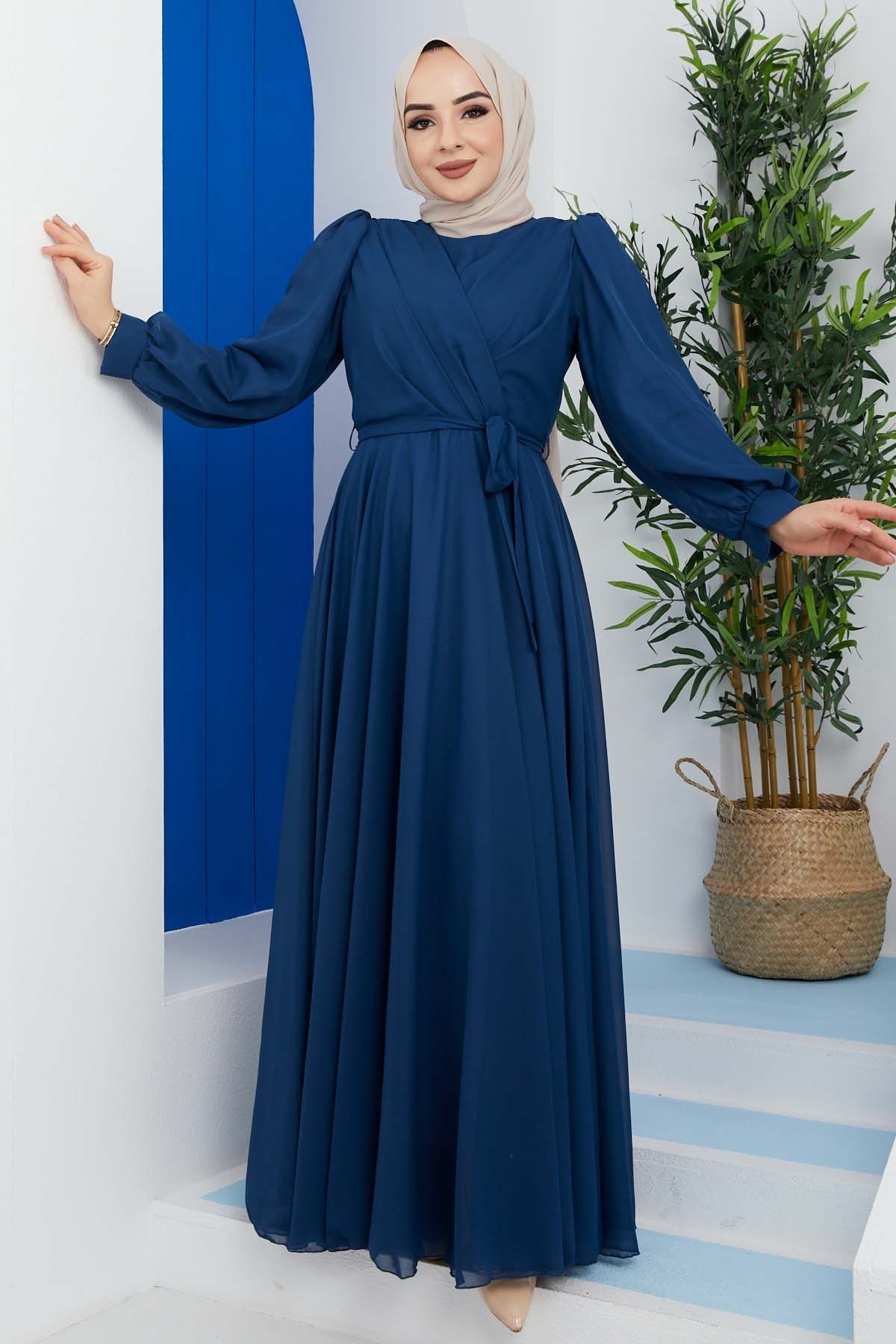 Önü Parçalı Şifon Abiye - İndigo