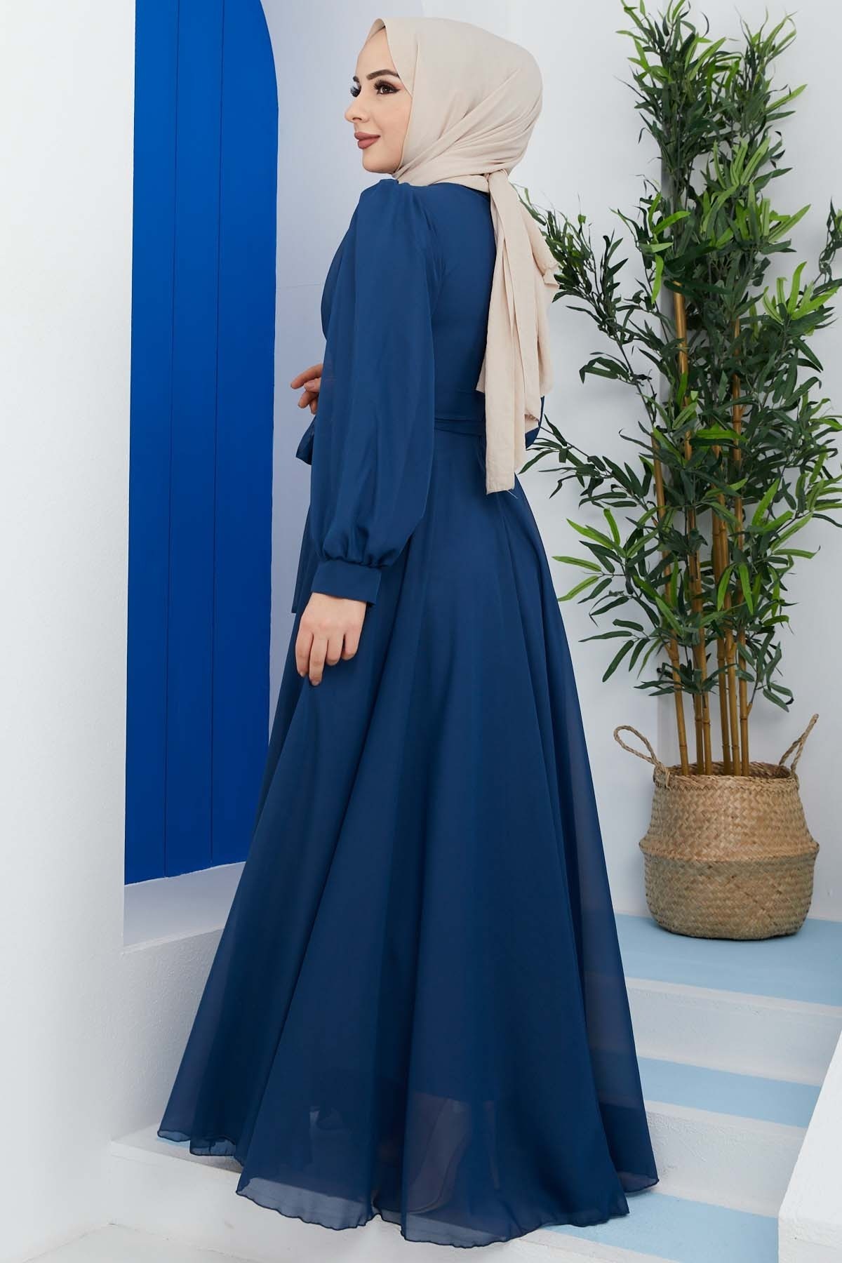 Önü Parçalı Şifon Abiye - İndigo