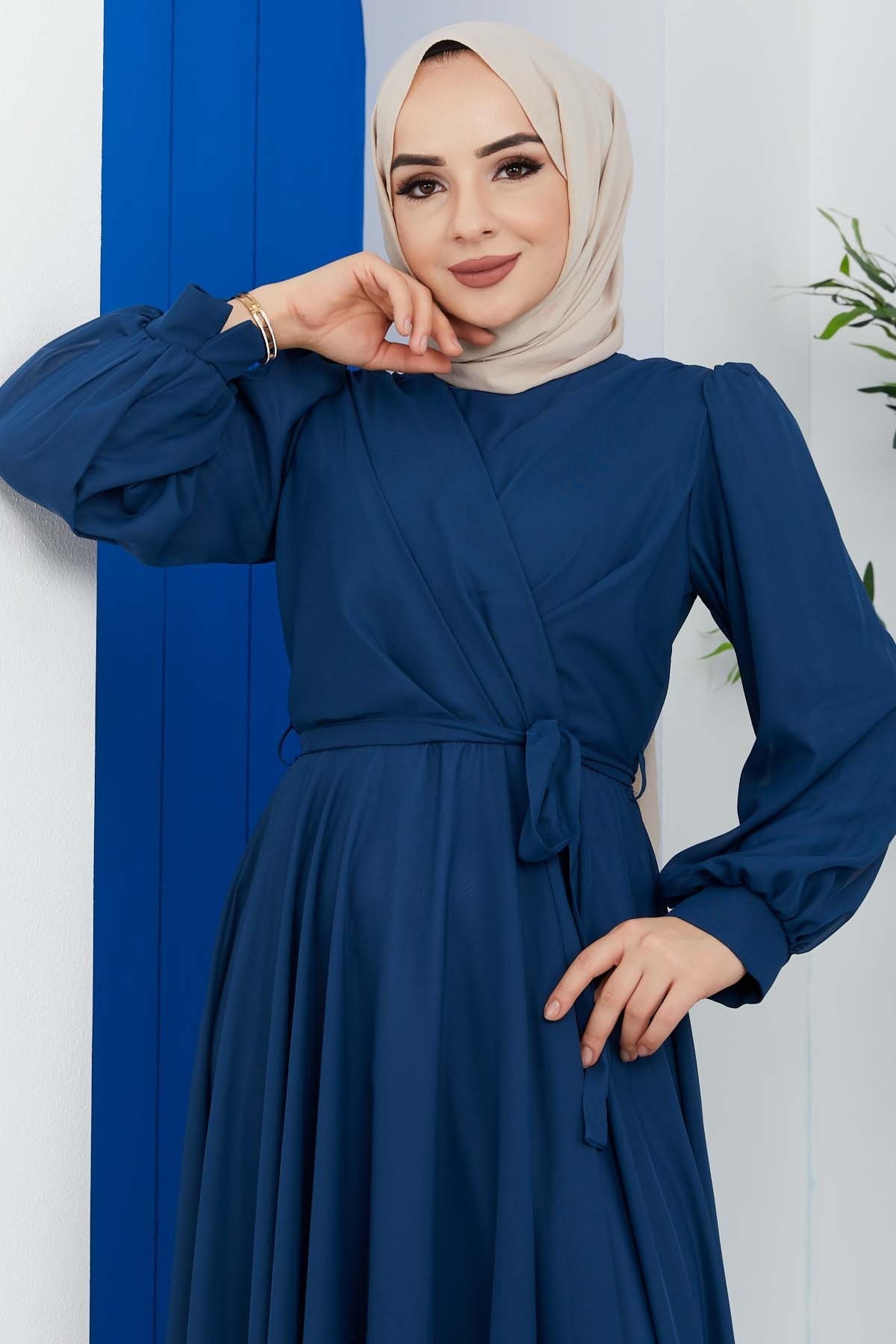 Önü Parçalı Şifon Abiye - İndigo