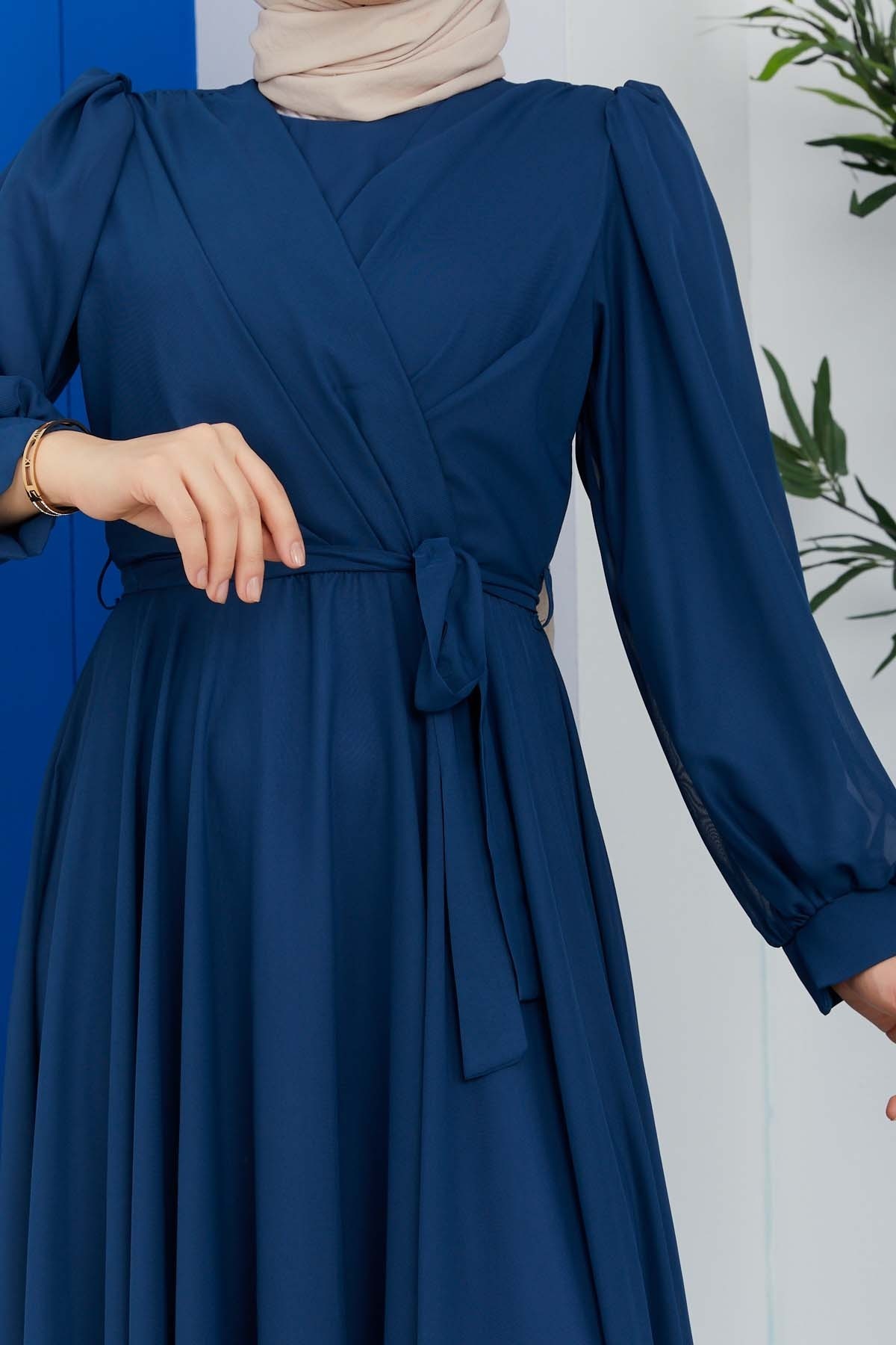Önü Parçalı Şifon Abiye - İndigo
