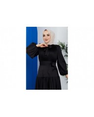 Göğüs Pileli Saten Abiye - Siyah Göğüs Pileli Saten Abiye - Siyah