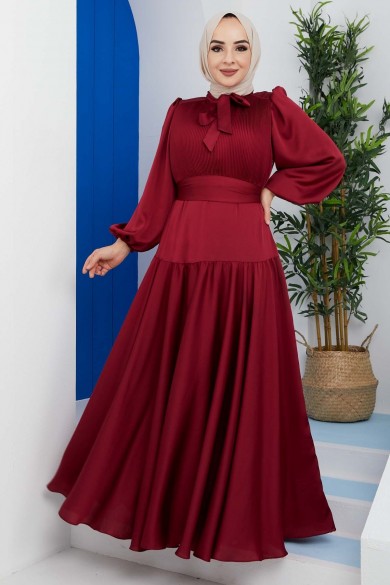 Göğüs Pileli Saten Abiye - Bordo Göğüs Pileli Saten Abiye - Bordo