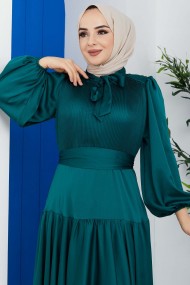Göğüs Pileli Saten Abiye - Yeşil Göğüs Pileli Saten Abiye - Yeşil